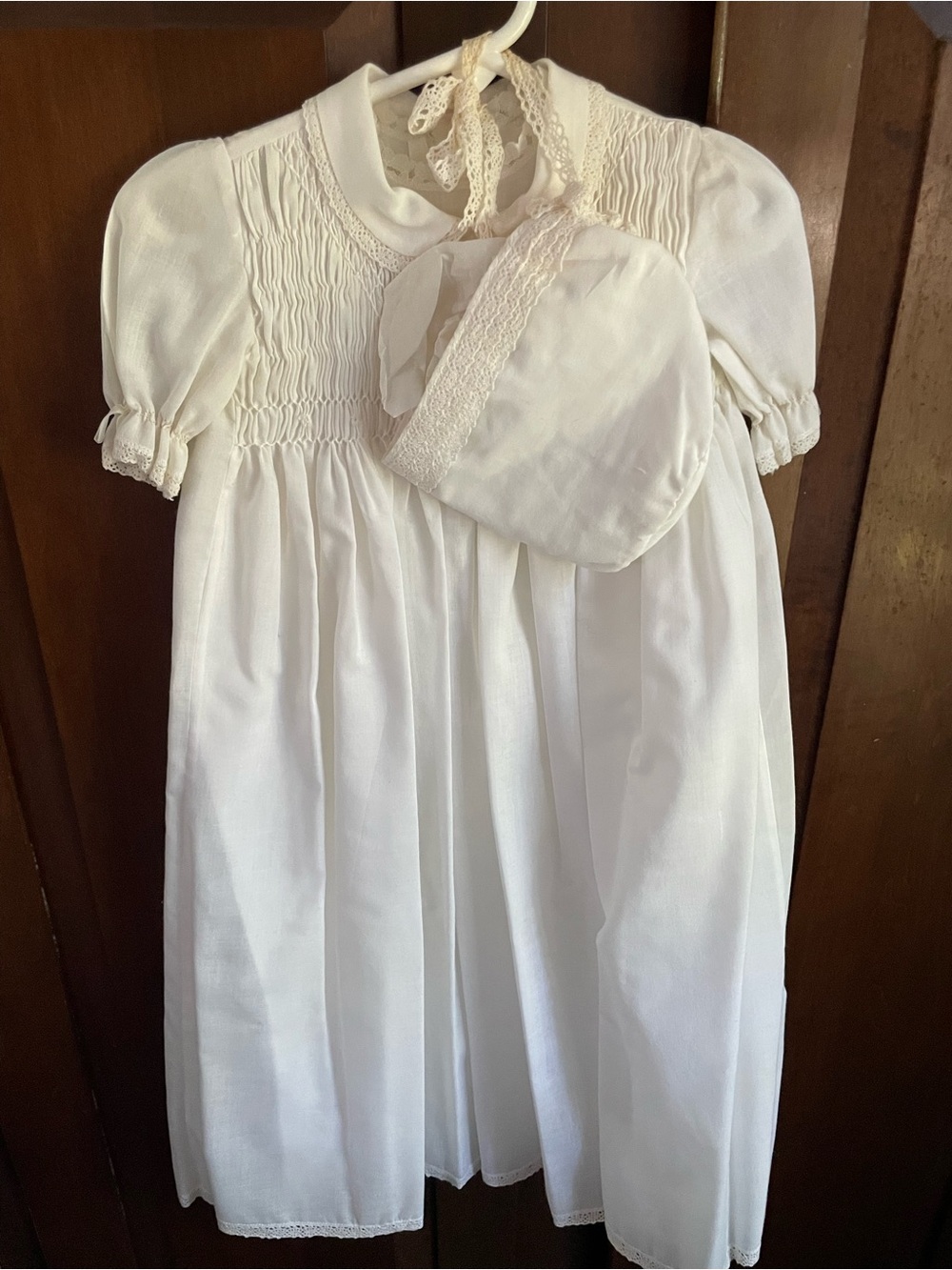 Italian christening gown- White Smocked Baby Dress with Lace Bonnet